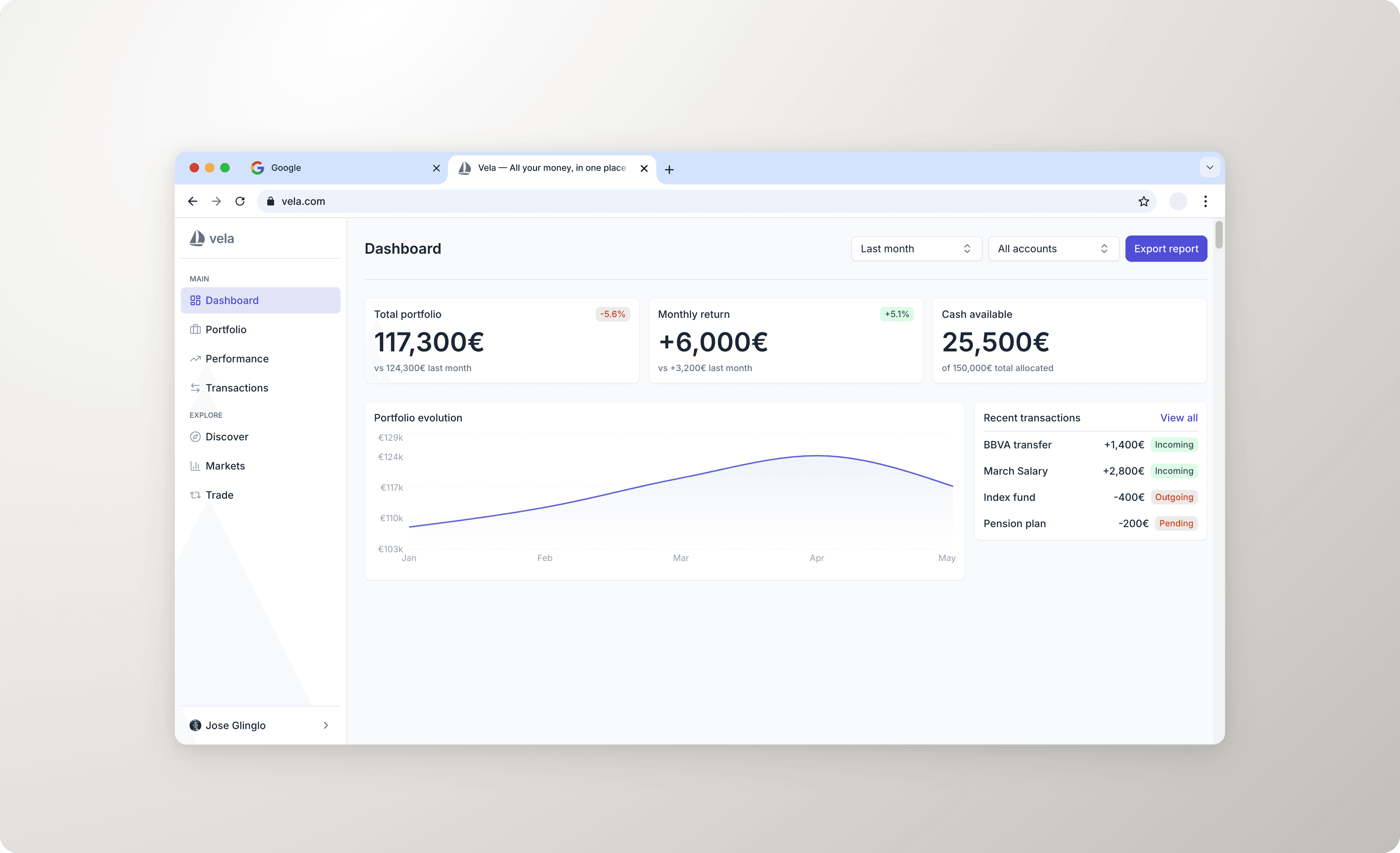 Vela dashboard in light theme, built with the design system components